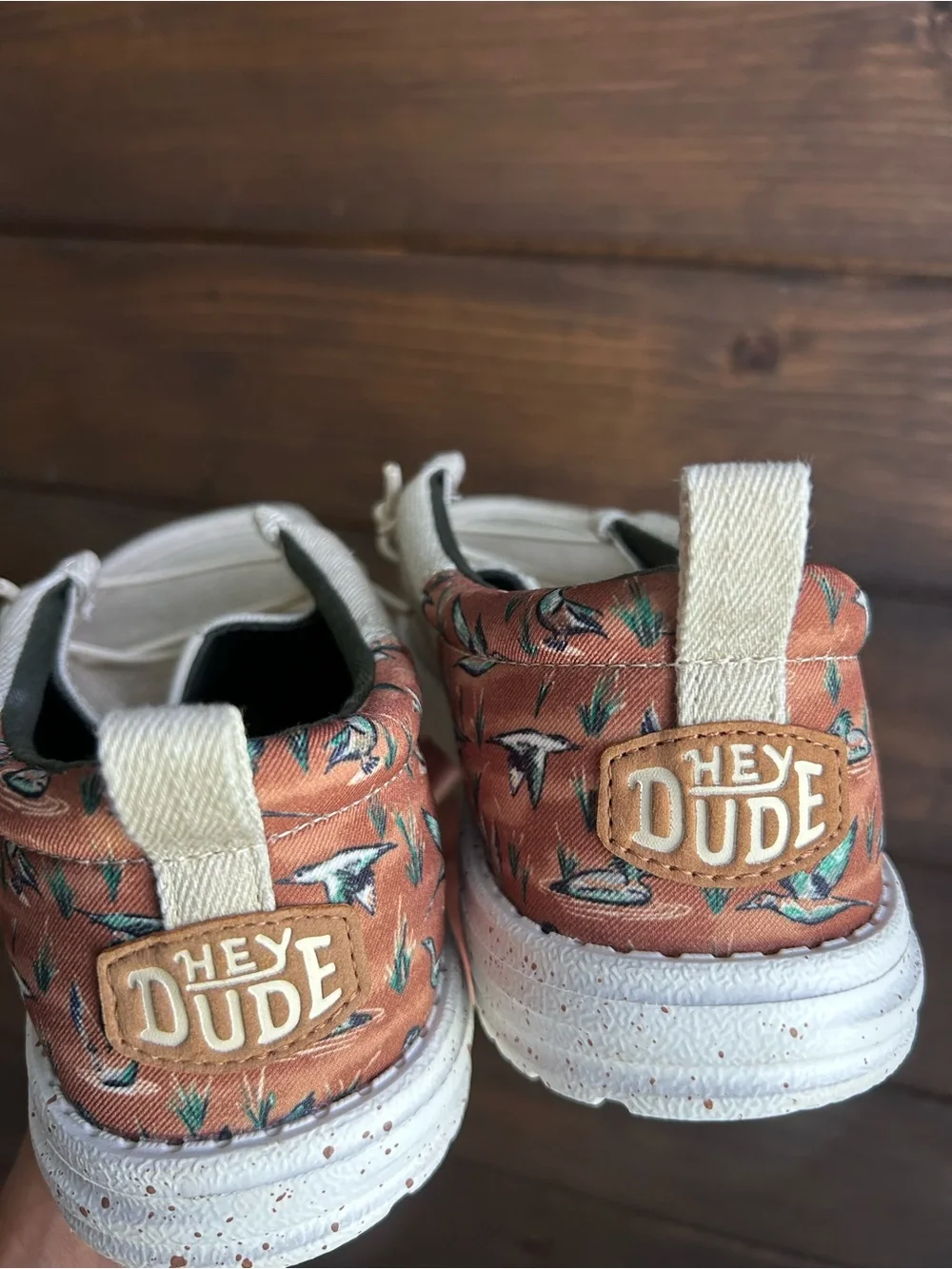 Hey Dude Men's Slip-On Boat Shoe in Cream with Brown Patterned Ducks